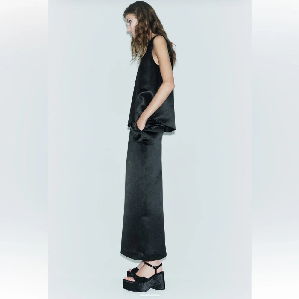 Zara Black Satin Effect high waist Midi Skirt Back Slit Limited Edition XS NWT